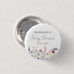 Elegant Wildflower Meadow Baby Shower Button<br><div class="desc">Elegant floral baby shower button featuring a bottom border of watercolor wildflowers and foliage in shades of pink, yellow, purple, blue, and green on a white background. Personalize the wildflower baby shower button with the mom-to-be's name and the date. The personalized wildflower buttons are perfect for spring and summer baby...</div>