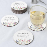 Elegant Wildflower Meadow Baby Shower Round Paper Coaster<br><div class="desc">Elegant floral baby shower paper coasters featuring a bottom border of watercolor wildflowers and foliage in shades of pink, yellow, purple, blue, and green on a white background. Personalize the wildflower baby shower coasters with the mom-to-be's name and the date. The personalized wildflower coasters are perfect for spring and summer...</div>