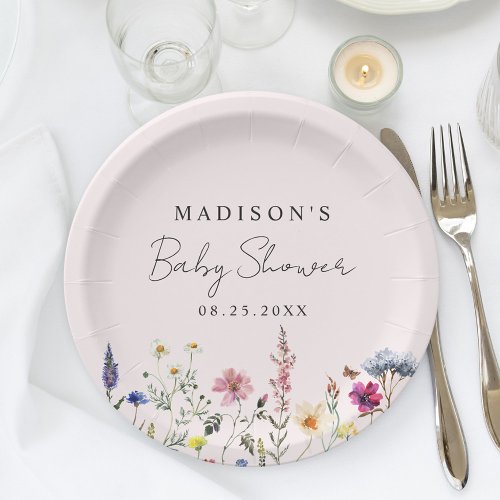 Elegant Wildflower Meadow Blush Pink Baby Shower Paper Plates