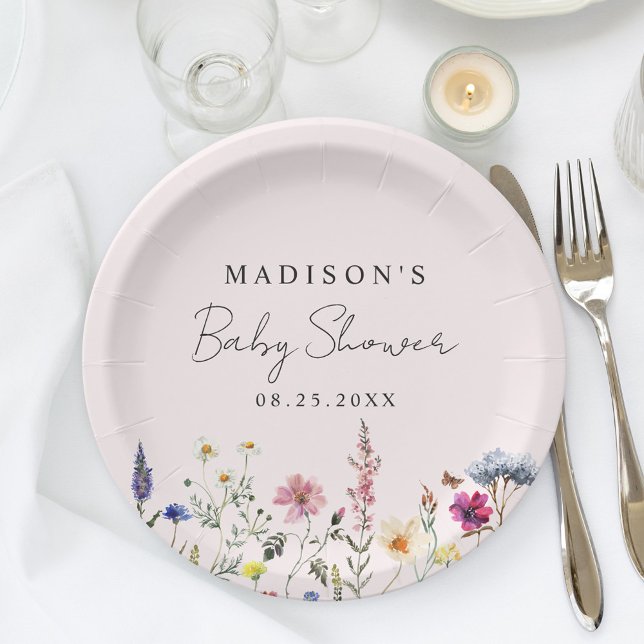 Elegant Wildflower Meadow Blush Pink Baby Shower Paper Plates (Creator Uploaded)