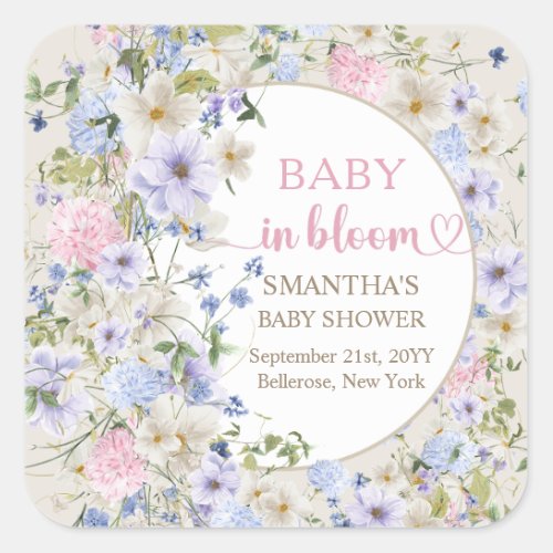 Elegant Wildflower Meadow Blush Pink Baby Shower Square Sticker