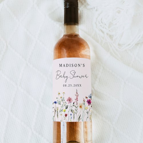 Elegant Wildflower Meadow Blush Pink Baby Shower Wine Label