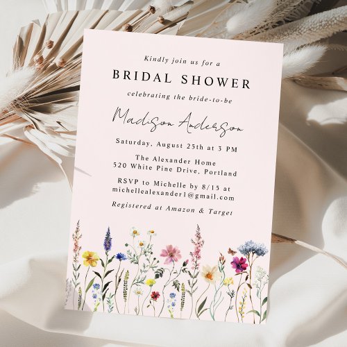 Elegant Wildflower Meadow Blush Pink Bridal Shower Invitation
