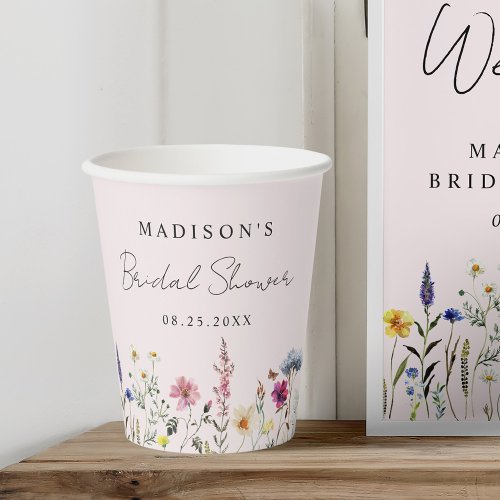 Elegant Wildflower Meadow Blush Pink Bridal Shower Paper Cups