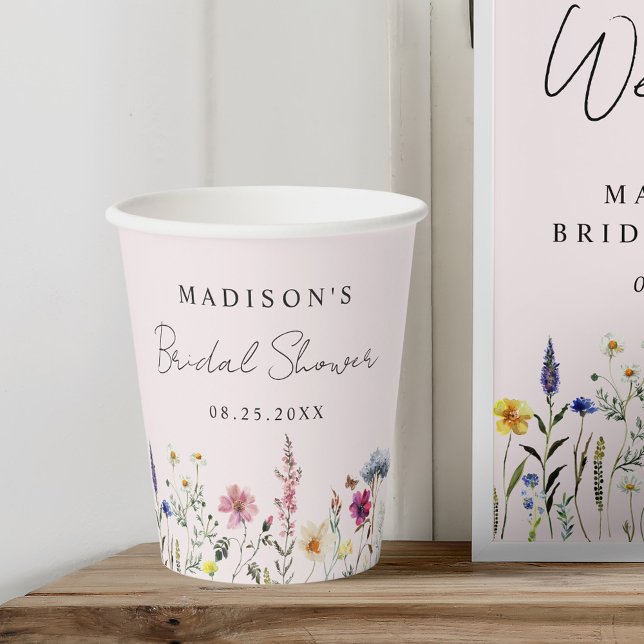 Elegant Wildflower Meadow Blush Pink Bridal Shower Paper Cups (Creator Uploaded)