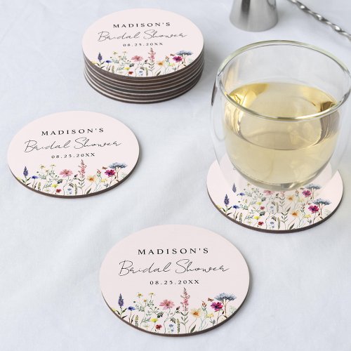 Elegant Wildflower Meadow Blush Pink Bridal Shower Round Paper Coaster