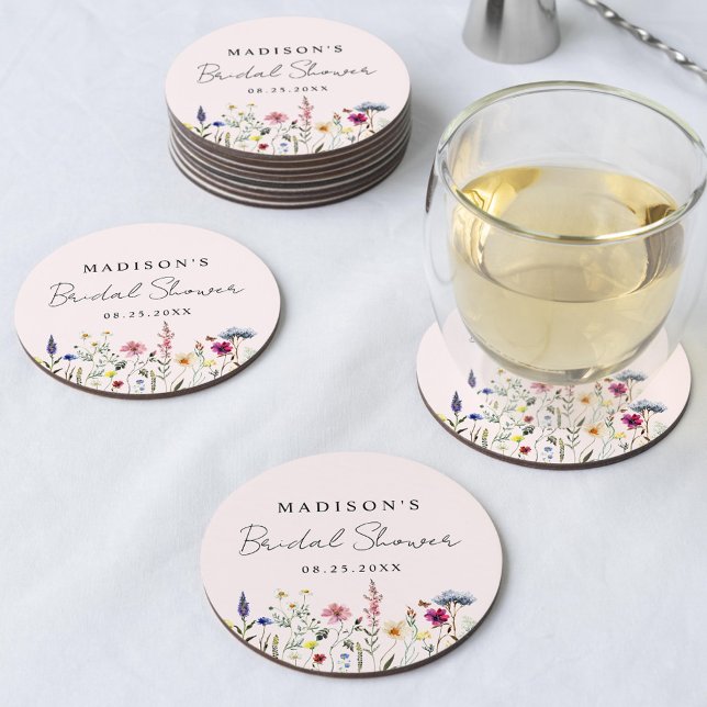 Elegant Wildflower Meadow Blush Pink Bridal Shower Round Paper Coaster (Creator Uploaded)