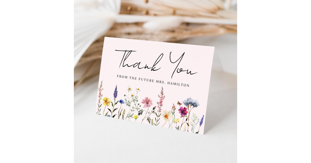 Elegant Wildflower Meadow Blush Pink Bridal Shower Thank You Card | Zazzle