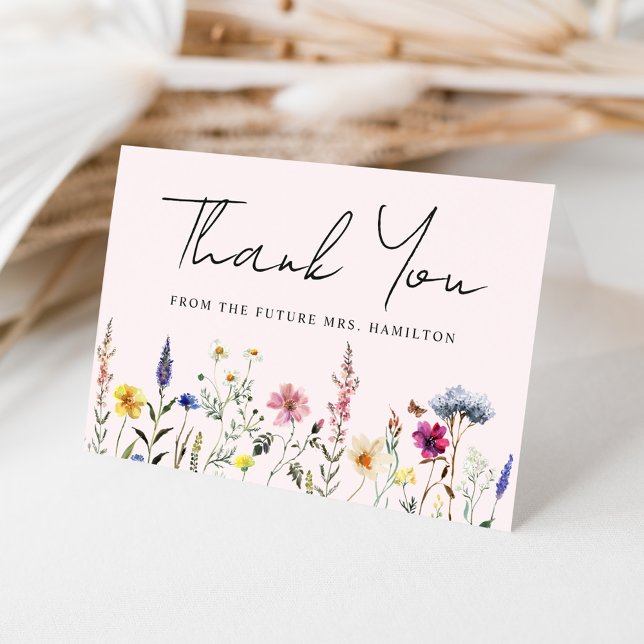 Elegant Wildflower Meadow Blush Pink Bridal Shower Thank You Card (Creator Uploaded)
