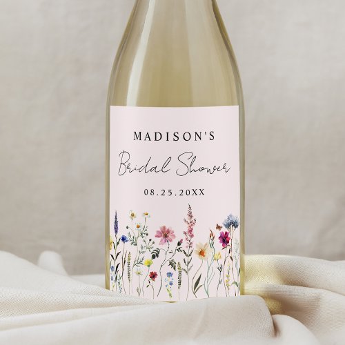 Elegant Wildflower Meadow Blush Pink Bridal Shower Wine Label