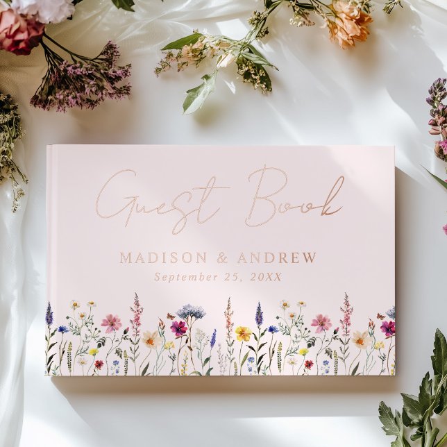 Elegant Wildflower Meadow Blush Pink Photo Wedding Foil Guest Book (Creator Uploaded)