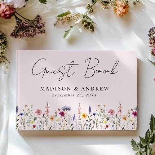 Elegant Wildflower Meadow Blush Pink Photo Wedding Guest Book