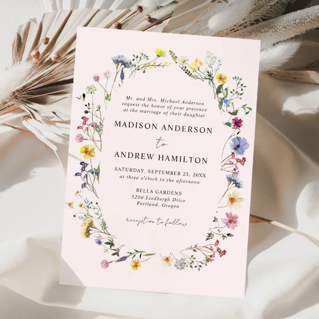 Elegant Wildflower Meadow Blush Pink Wedding Invitation | Zazzle