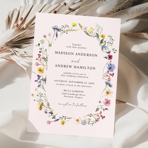 Elegant Wildflower Meadow Blush Pink Wedding Invitation