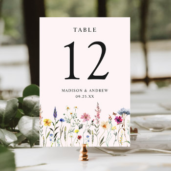 Elegant Wildflower Meadow Blush Pink Wedding Table Number by latebloom at Zazzle