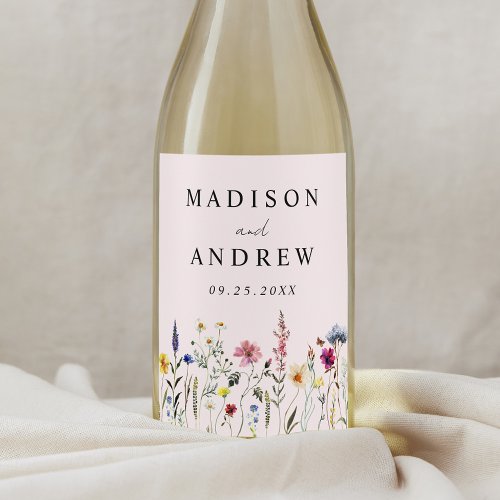 Elegant Wildflower Meadow Blush Pink Wedding Wine Label