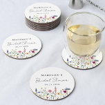 Elegant Wildflower Meadow Bridal Shower Round Paper Coaster<br><div class="desc">Elegant floral bridal shower paper coasters featuring a bottom border of watercolor wildflowers and foliage in shades of pink, yellow, purple, blue, and green on a white background. Personalize the wildflower bridal shower coasters with the bride-to-be's name and the date. The personalized wildflower coasters are perfect for spring and summer...</div>