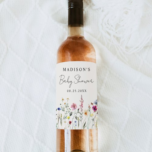 Elegant Wildflower Meadow Cream Baby Shower Wine Label