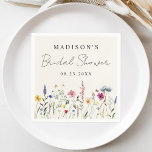 Elegant Wildflower Meadow Cream Bridal Shower Napkins<br><div class="desc">Elegant floral bridal shower napkins featuring a bottom border of watercolor wildflowers and foliage in shades of pink, yellow, purple, blue, and green on a cream background. Personalize the wildflower bridal shower napkins with the bride-to-be's name and the date. The personalized wildflower napkins are perfect for spring and summer bridal...</div>