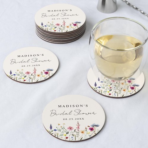 Elegant Wildflower Meadow Cream Bridal Shower Round Paper Coaster