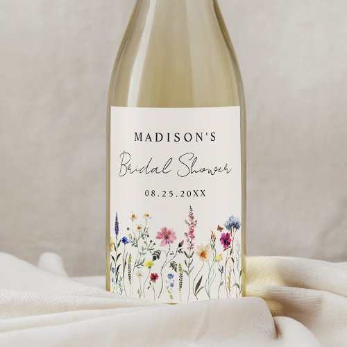 Elegant Wildflower Meadow Cream Bridal Shower Wine Label