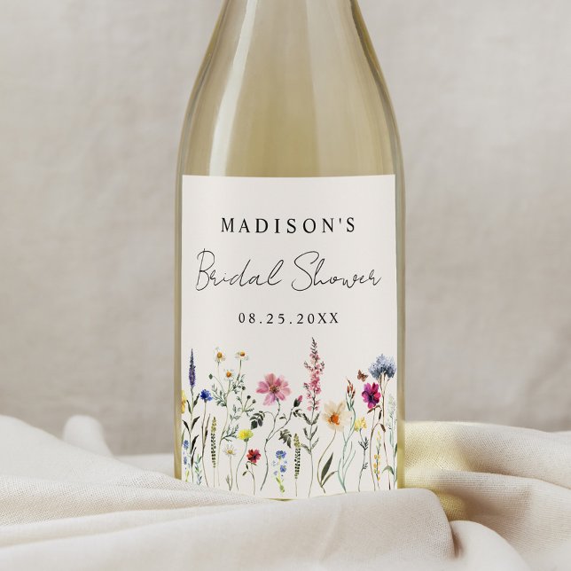 Elegant Wildflower Meadow Cream Bridal Shower Wine Label (Creator Uploaded)