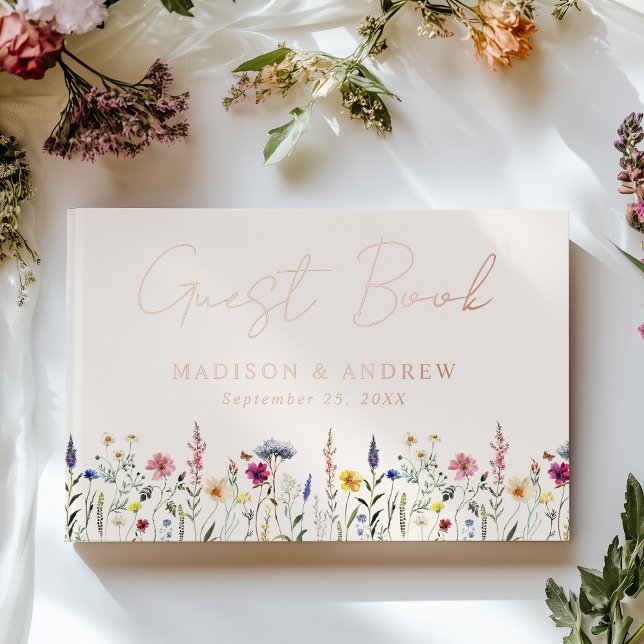 Elegant Wildflower Meadow Cream Photo Wedding Foil Guest Book (Creator Uploaded)