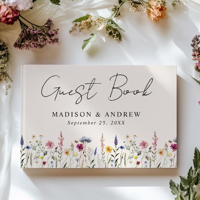 Elegant Wildflower Meadow Cream Photo Wedding Guest Book (Creator Uploaded)