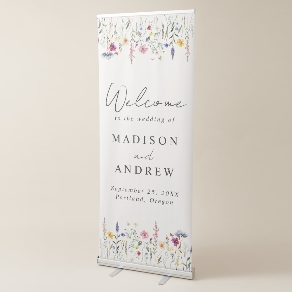 Disover Elegant Wildflower Meadow Cream Wedding Welcome Retractable Banner