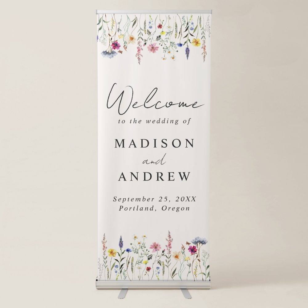 Disover Elegant Wildflower Meadow Cream Wedding Welcome Retractable Banner