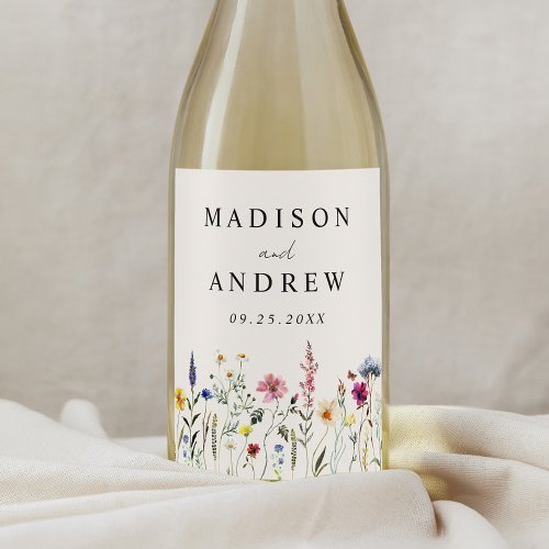 Elegant Wildflower Meadow Cream Wedding Wine Label