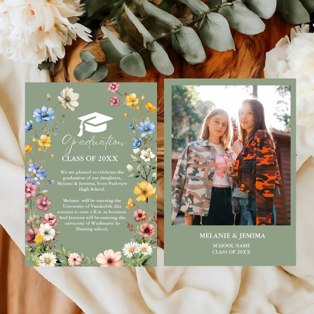 Elegant Wildflower Meadow Garden Twin Graduation Announcement (Creator Uploaded)