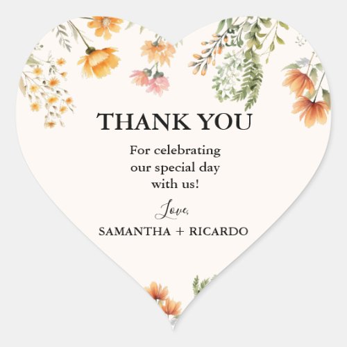 Elegant Wildflower Meadow Ivory Wedding Thank you Heart Sticker