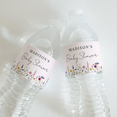 Elegant Wildflower Meadow Pink Baby Shower Water Bottle Label