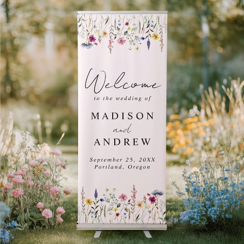 Elegant Wildflower Meadow Pink Wedding Welcome Retractable Banner