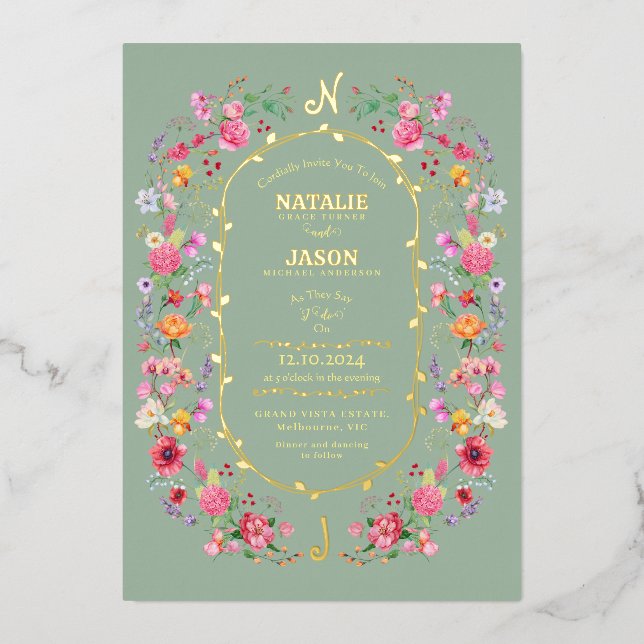 Elegant Wildflower Meadow Spring Garden Wedding Foil Invitation (Front)