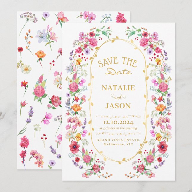 Elegant Wildflower Meadow Spring Garden Wedding Save The Date (Front/Back)