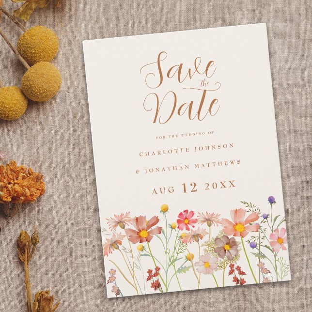Elegant Wildflower Meadow Wedding Save The Date (Boho chic Wildflower meadow Wedding save the date invitation watercolor florals fall colors)
