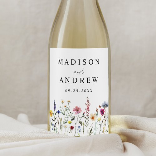 Elegant Wildflower Meadow Wedding Wine Label