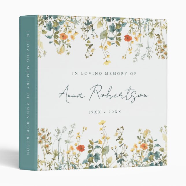 Elegant Wildflower Memorial Funeral 3 Ring Binder (Front/Spine)