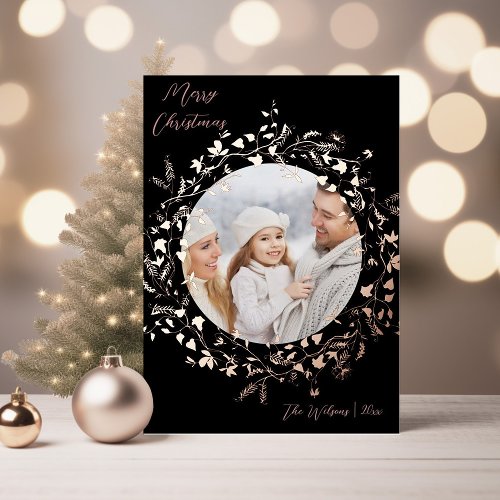 Elegant Wildflower Merry Christmas Photo Rose Gold Foil Holiday Card
