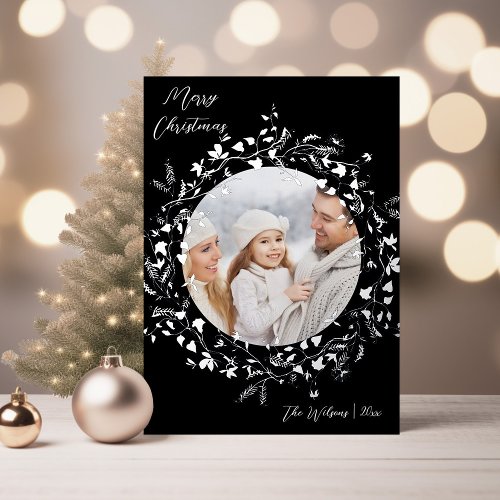 Elegant Wildflower Merry Christmas Photo Silver Foil Holiday Card