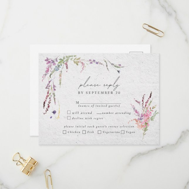 Elegant Wildflower Modern Wedding Meals RSVP Invitation Postcard (Front/Back In Situ)