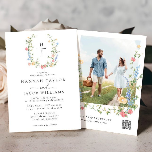 Elegant Wildflower Monogram Photo Wedding Invitation (Creator Uploaded)