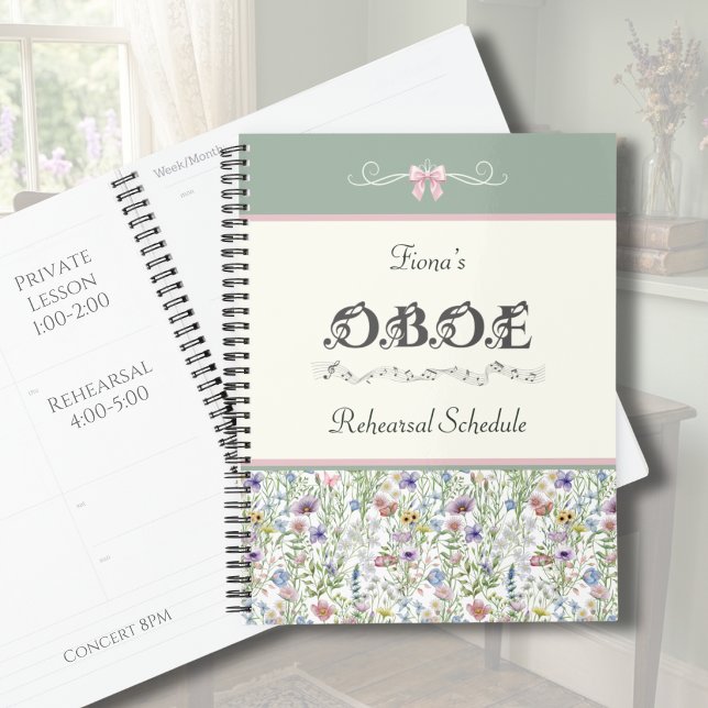 Elegant Wildflower Oboe Rehearsal Schedule Planner (Custom Oboe Rehearsal Planner | Whimsical Sage Green & Pink Wildflower | Music Gear)