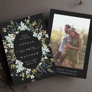 Elegant Wildflower Oval Frame Wedding Photo Black Save The Date