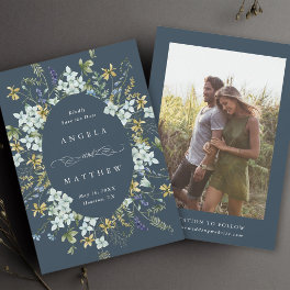 Elegant Wildflower Oval Frame Wedding Photo Navy Save The Date