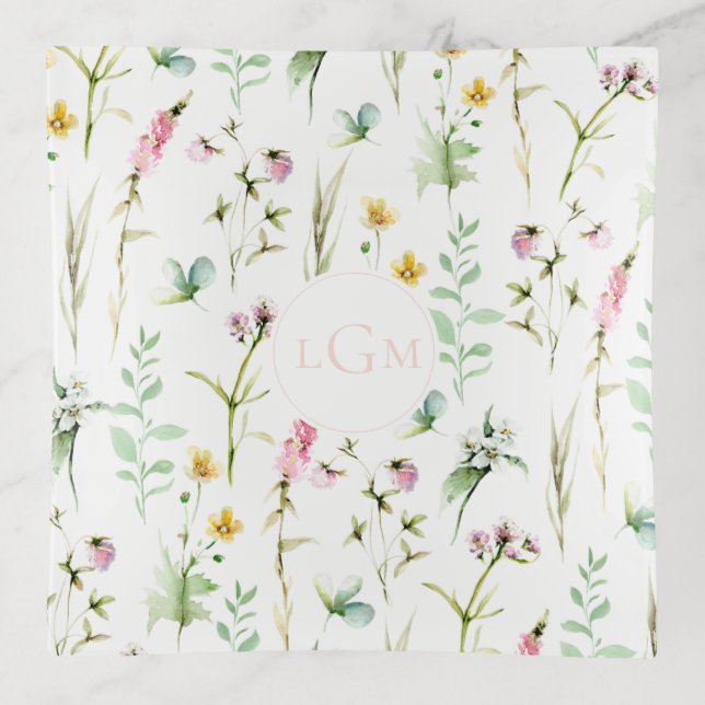 Elegant Wildflower Pattern Monogram Trinket Tray (Front)