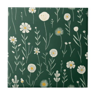 Elegant Wildflower Pattern on Dark Green Ceramic Tile