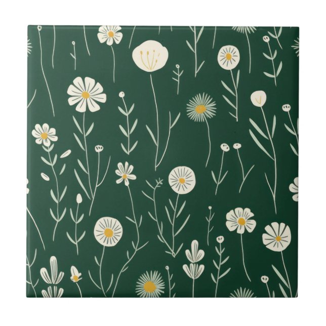 Elegant Wildflower Pattern on Dark Green  Ceramic Tile (Front)